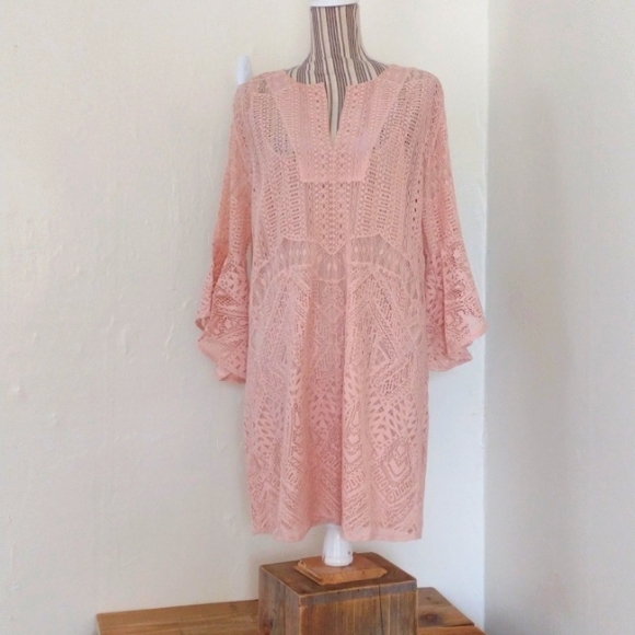 BCBG MaxAzria Catier Pink Lace Slip Shift Dress w Bell Sleeves Size M Like New - Picture 3 of 16